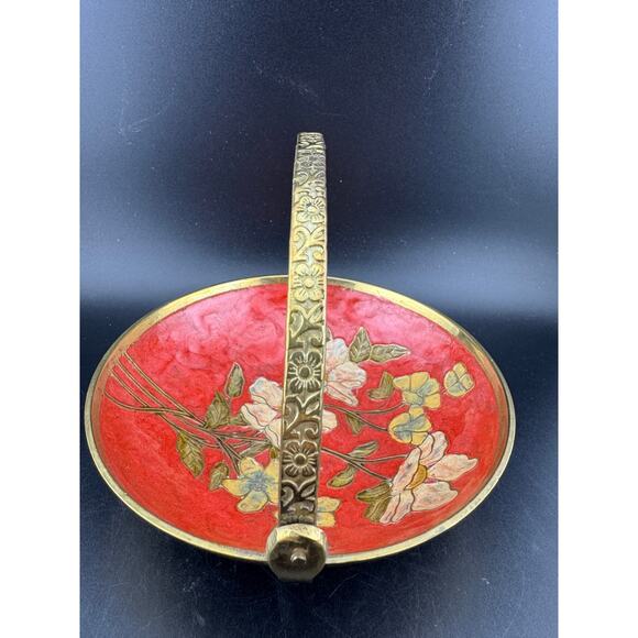 Vintage Brass Enamel Cloisonne Dish with Embossed Handle - Picture 7 of 8